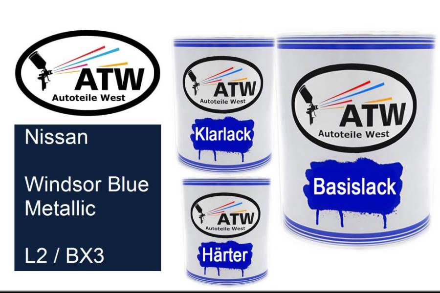 Nissan, Windsor Blue Metallic, L2 / BX3: 1L Lackdose + 1L Klarlack + 500ml Härter - Set, von ATW Autoteile West.